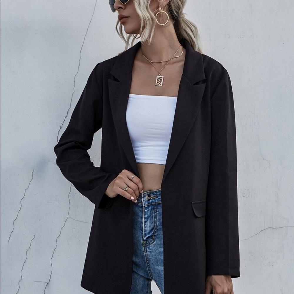 Black collar open front classic blazer work - Picture 2 of 11